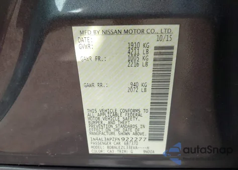 2015 Nissan Altima 2.5 S из США, поврежденный, VIN 1N4AL3AP2FN922277